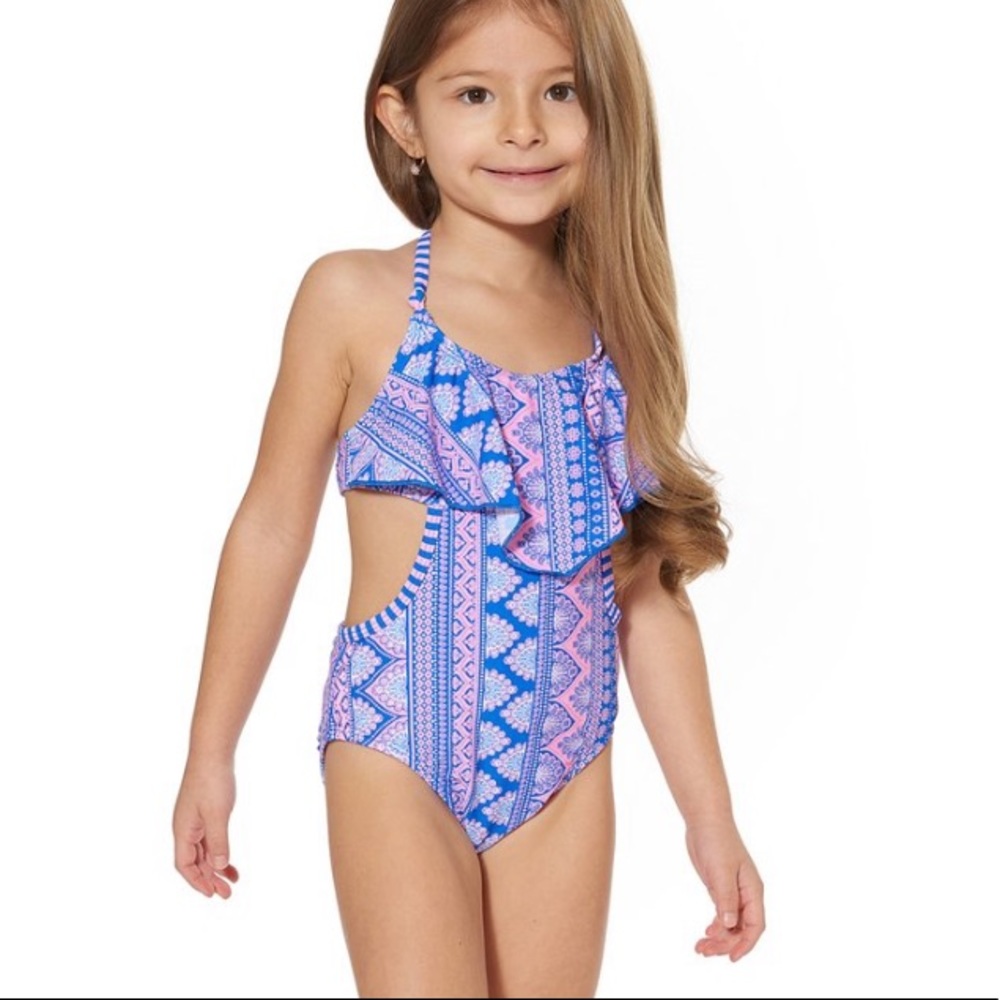Blue & Pink Geometric Ruffle Cutout One-Piece